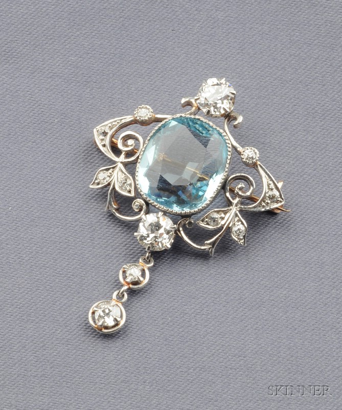 Appraisal: Aquamarine and Diamond Pendant Brooch bezel-set with a cushion-cut aquamarine