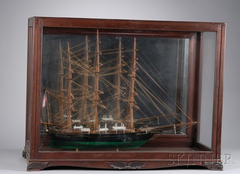 Appraisal: Mahogany and Glass Cased Carved and Painted Wooden Three-Masted Sailing