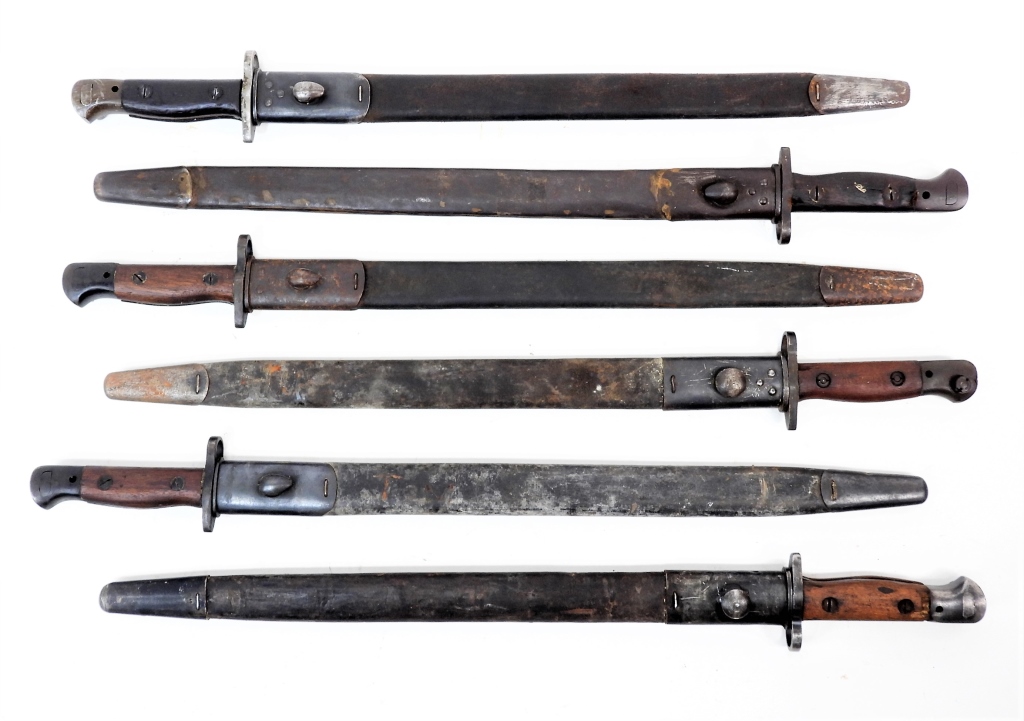 Appraisal: SIX COMMONWEALTH PATTERN BAYONETS SCABBARDS Two Wilkinson-marked bayonets and scabbards