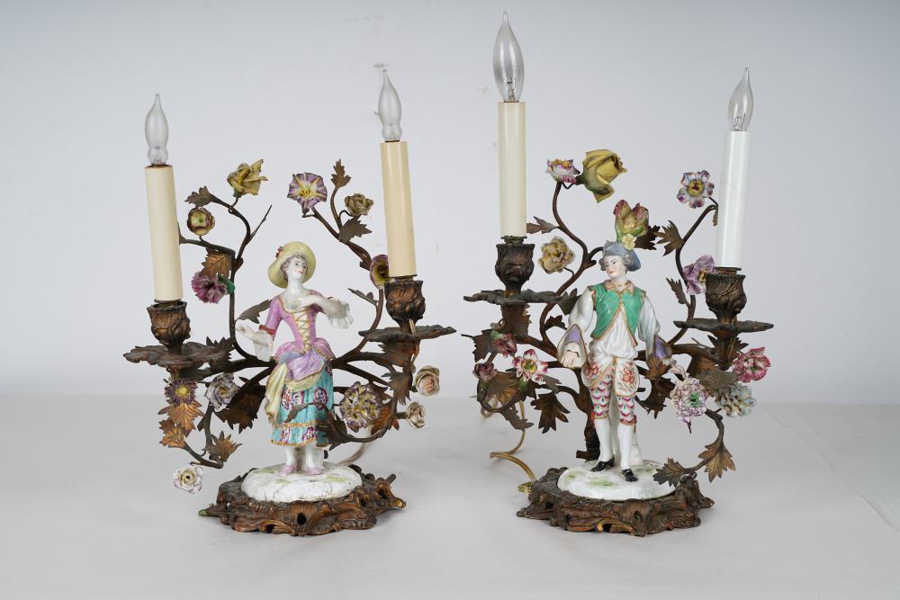 Appraisal: PAIR OF GILT BRONZE PORCELAIN TWO-LIGHT CANDELABRAelectrified Condition extensive repairs