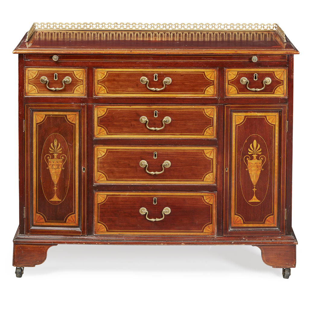 Appraisal: GEORGE III STYLE MAHOGANY SATINWOOD AND MARQUETRY INLAID CHEST OF