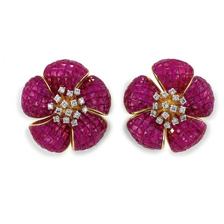 Appraisal: Pair of Invisibly-Set Ruby and Diamond Flower Earrings Estimate -