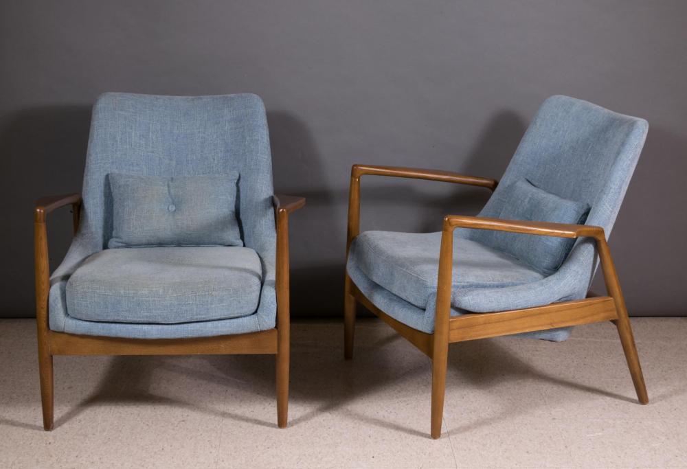 Appraisal: PAIR OF MID-CENTURY STYLE ARMCHAIRS walnut with matching blue upholstery