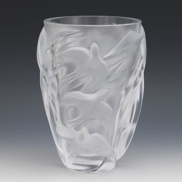 Appraisal: LALIQUE CLEAR AND FROSTED GLASS VASE MARTINETS PATTERN x x