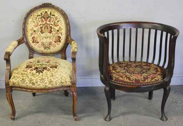 Appraisal: French Carved Oval Back Chair with an AmericanMahogany Barrel Style