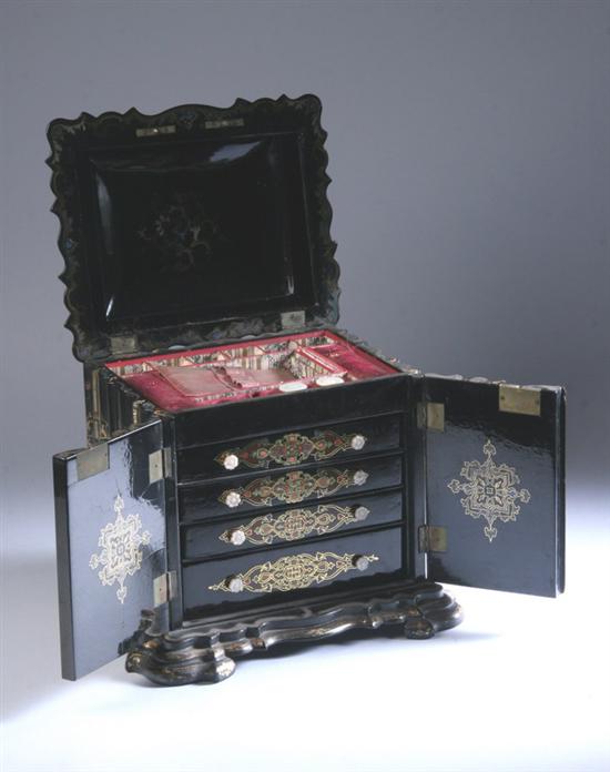 Appraisal: VICTORIAN PAPIER M CH AND MOTHER-OF-PEARL INLAID SEWING BOX th