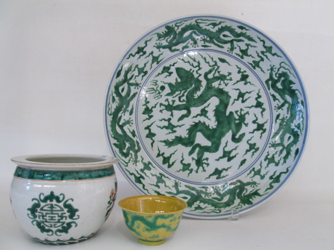 Appraisal: THREE CHINESE GREEN DRAGON PORCELAINS D green yellow bowl with