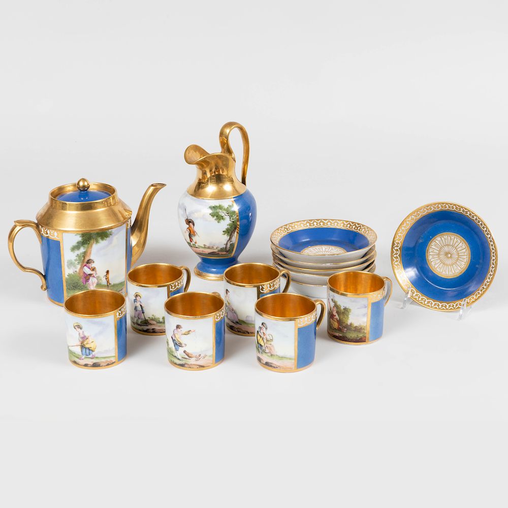 Appraisal: Paris Porcelain Blue Ground Part Coffee Service Decorated with pastoral