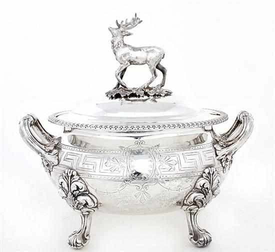 Appraisal: Impressive Victorian silverplate covered tureen circa stag finial on domed