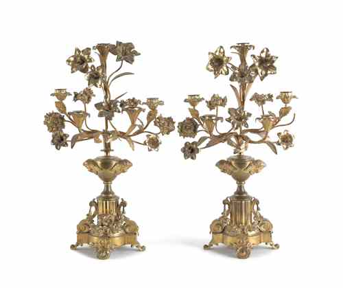 Appraisal: Pair of French gilt candelabra th c with cherub masks