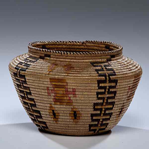 Appraisal: Paiute Polychrome Basket designed with outlined railroad tracks diamonds and