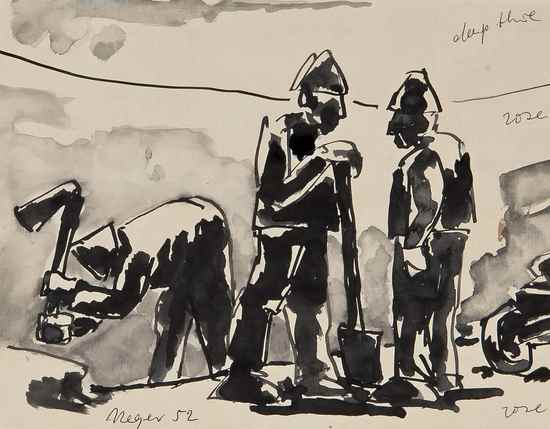 Appraisal: Josef Herman - Pioneers at work monochrome watercolour with inscriptions