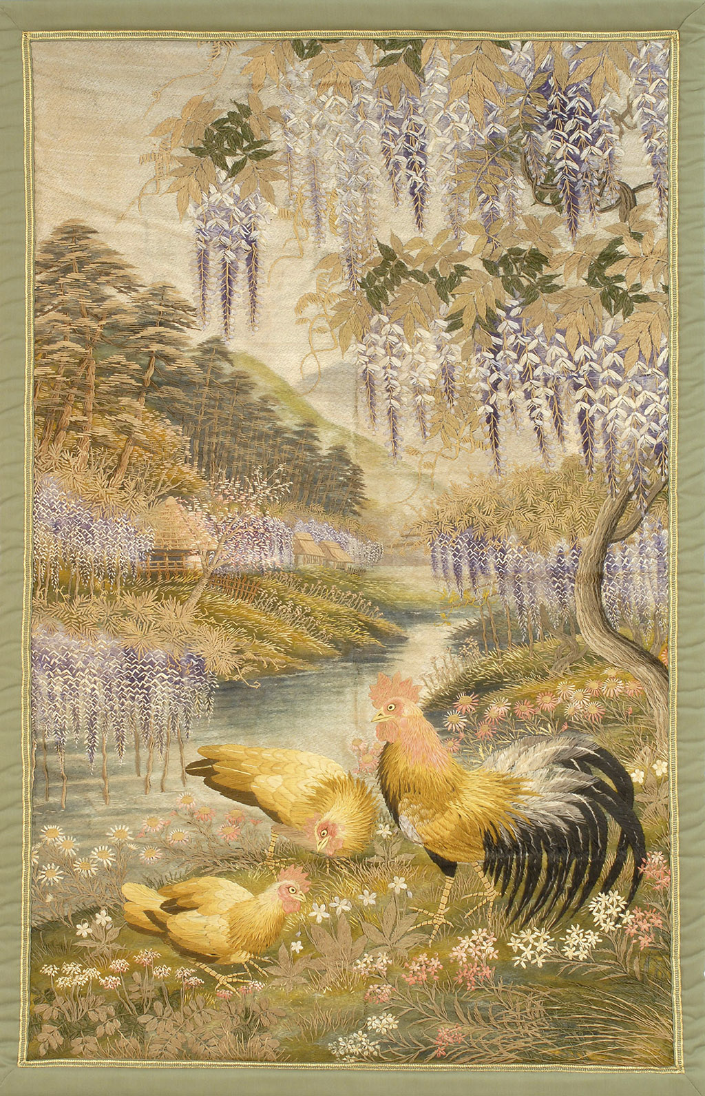 Appraisal: SILK NEEDLEWORK PANEL Late Meiji PeriodDepicting a rooster and a