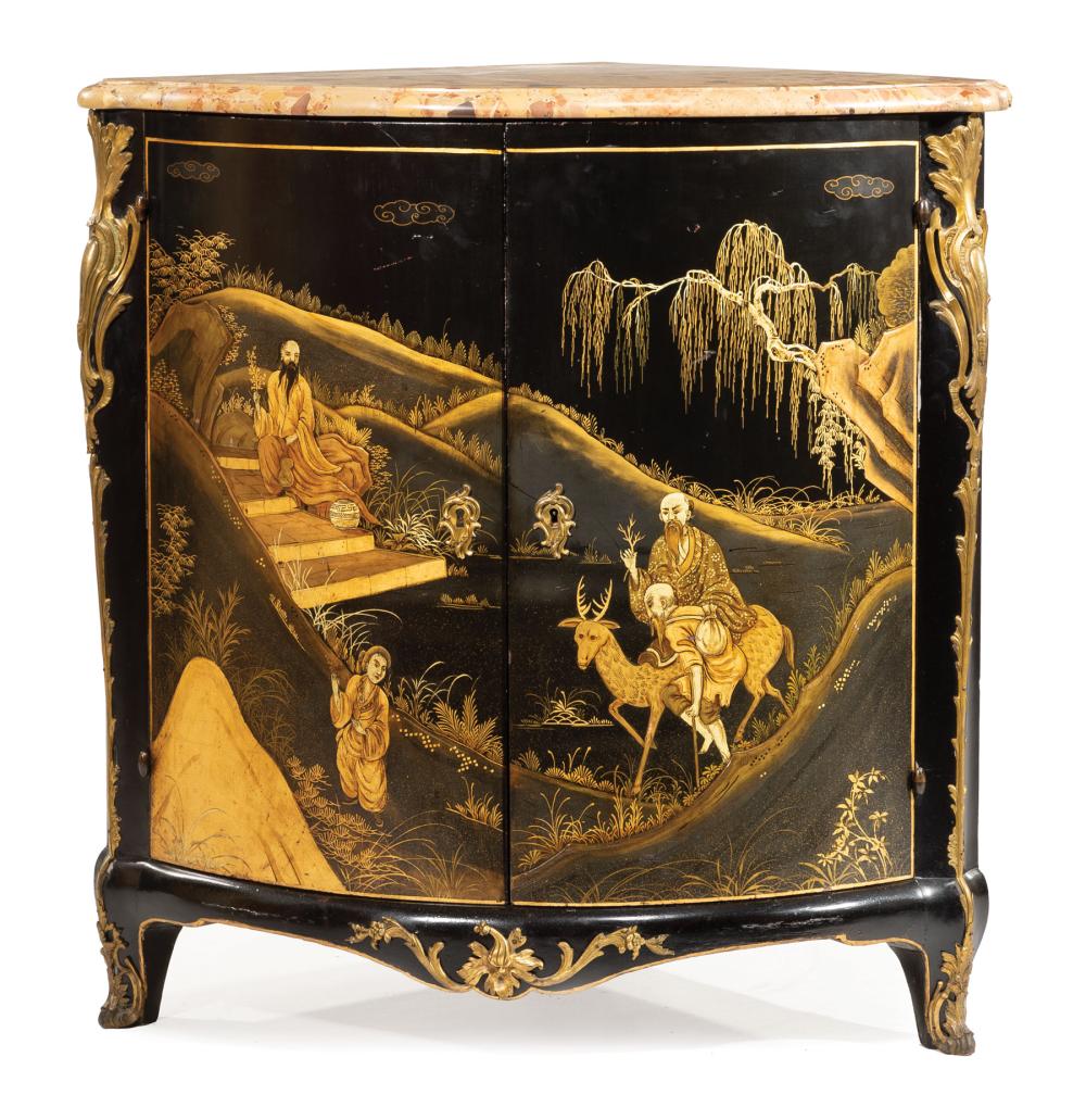 Appraisal: Antique French Bronze-Mounted Chinoiserie Engoignure shaped breche d'Alep marble top