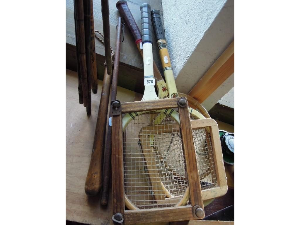 Appraisal: Three s s tennis rackets complete with head presses a