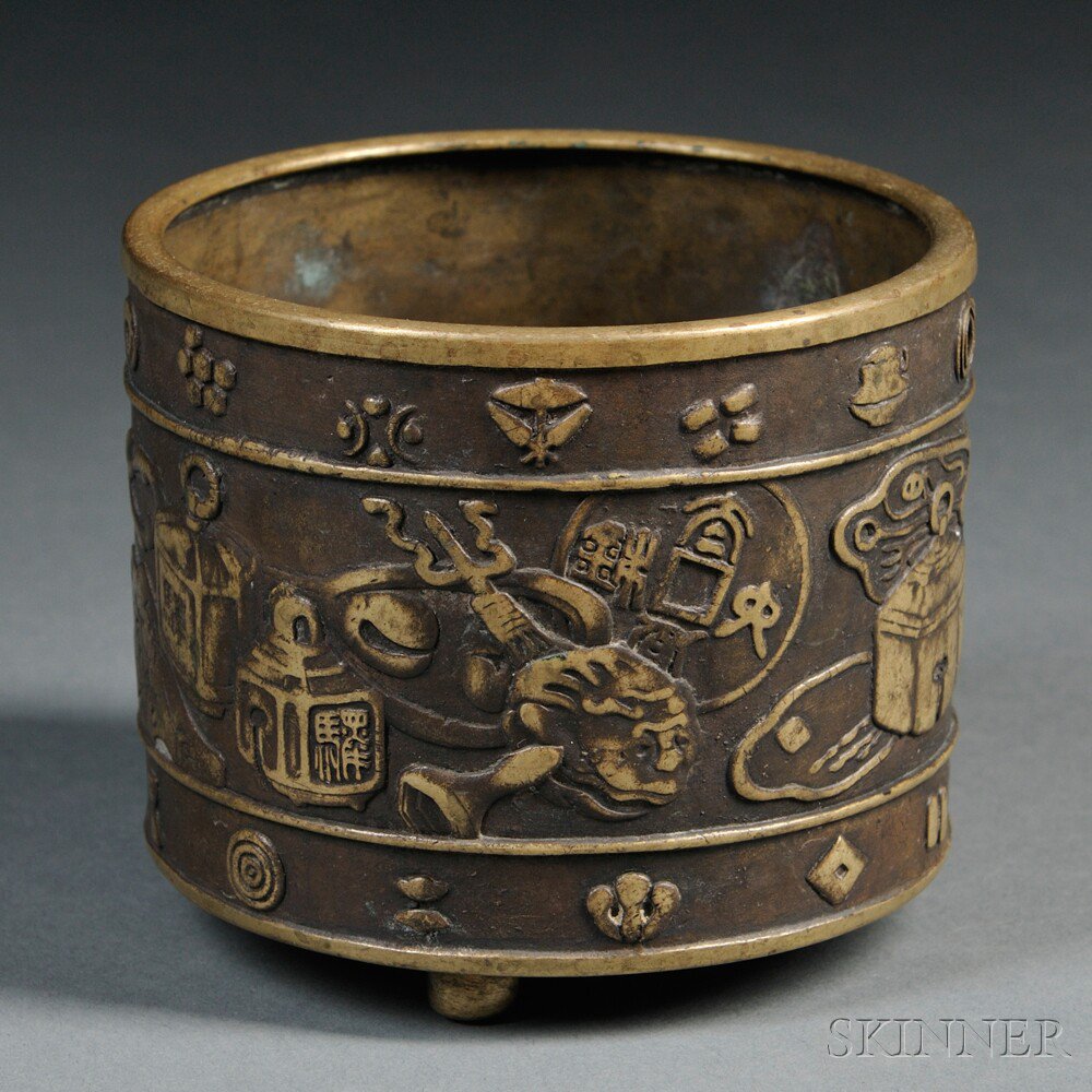 Appraisal: Bronze Tripod Incense Burner China cylindrical body decorated with raised