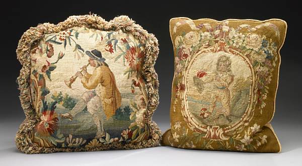 Appraisal: Two French tapestry fragment pillows tapestry th century The first