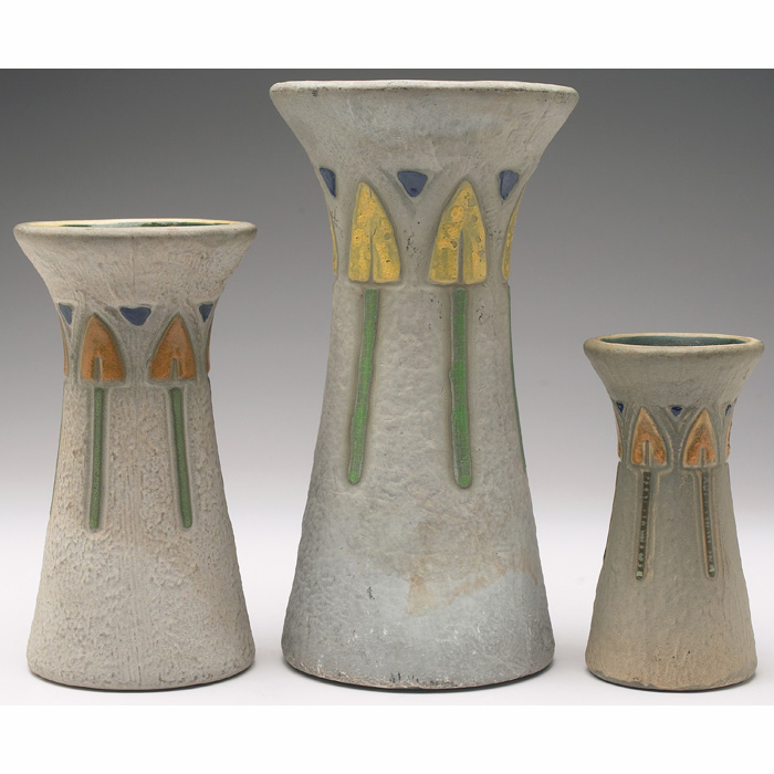 Appraisal: Roseville Mostique vases three all with colorful spade designs all