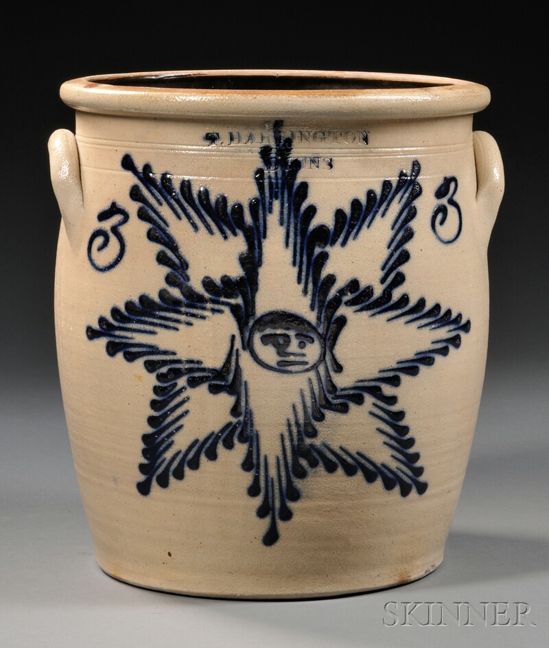 Appraisal: Stoneware Crock with Cobalt Star with Face Decoration Thompson Harrington