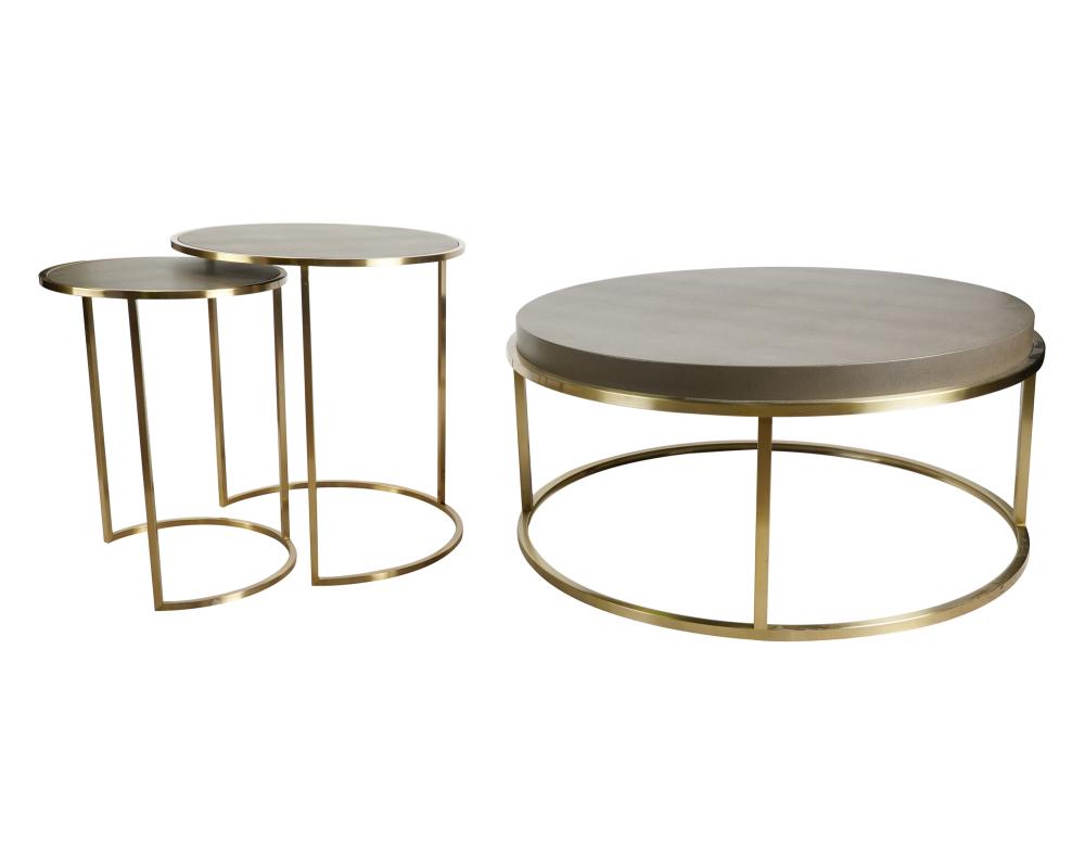 Appraisal: MODERNIST COFFEE TABLE TWO SIDE TABLESbrass-finished metal and brown leather