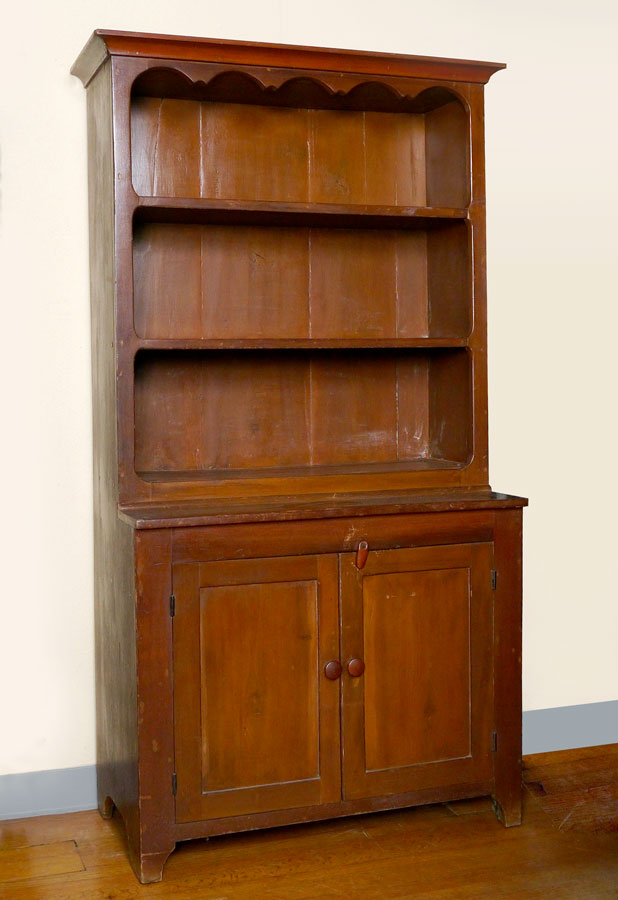 Appraisal: EARLY PINE STEP BACK CUPBOARD First half th century top