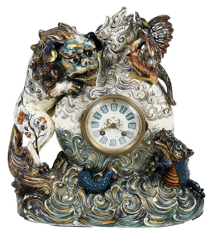 Appraisal: Keller Guerin Faience Pottery Mantel Clock French late th century