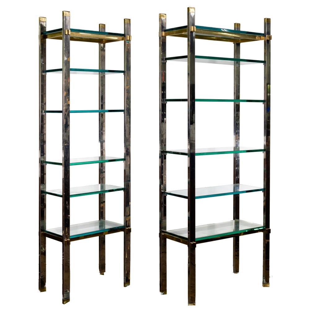 Appraisal: CHROME AND GLASS SHELVING UNITS matching units having chrome standards