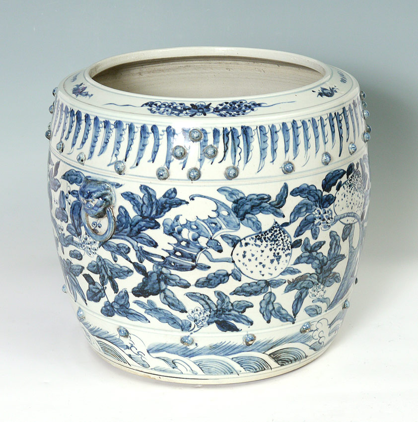 Appraisal: CHINESE BLUE WHITE DECORATED FISH BOWL Fruit branches motif with