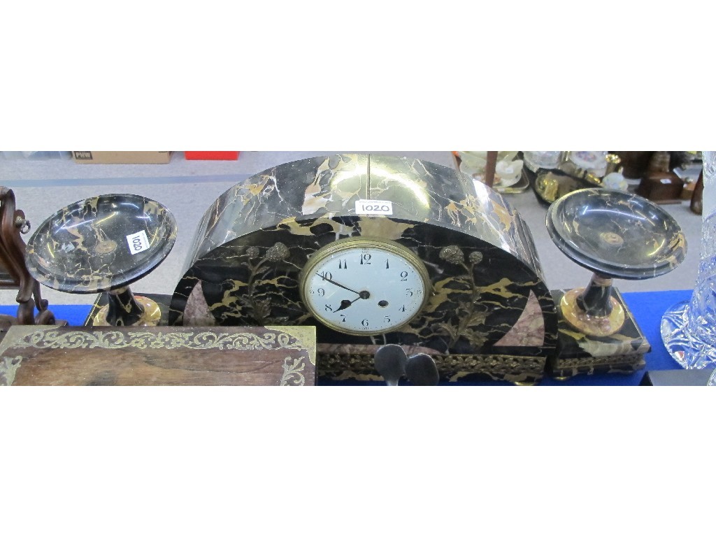 Appraisal: Art Deco marble clock garniture - with stylised thistle decoration