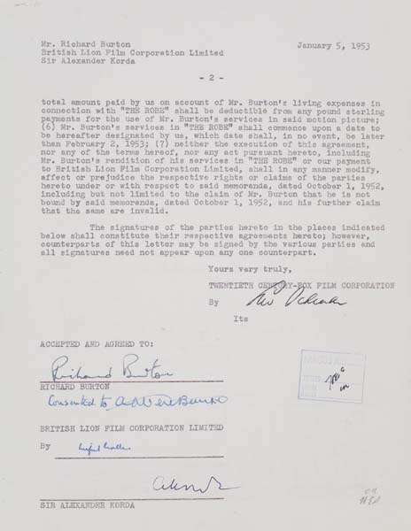 Appraisal: RICHARD BURTON Typed letter signed by Burton concerning terms for