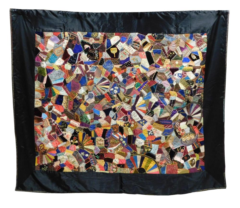 Appraisal: TEXTILE Crazy quilt with black border embroidery and painting feather