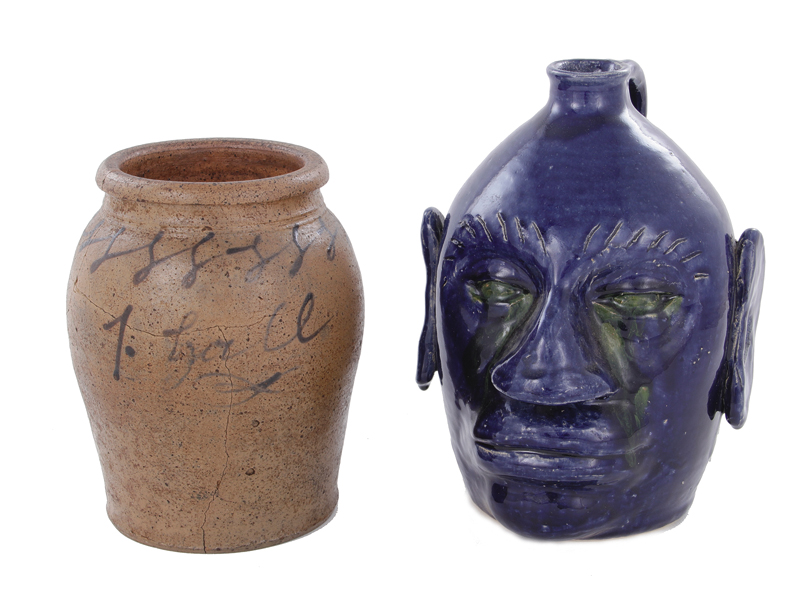 Appraisal: Meaders face jug and decorated stoneware jar Edwin Meaders cobalt