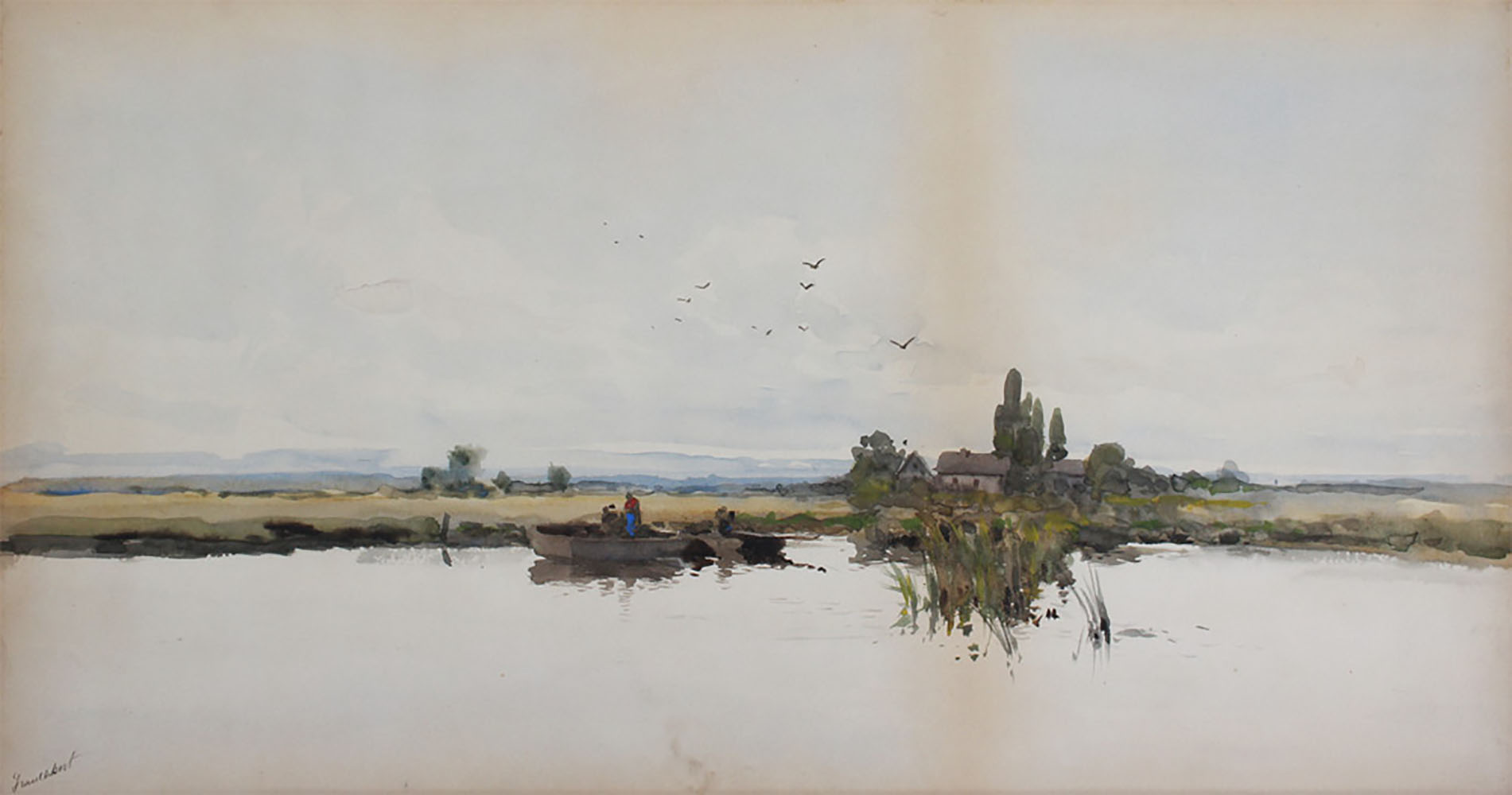 Appraisal: TROUILLEBERT Paul Desiree French - Panoramic Pastoral Marsh with Punts