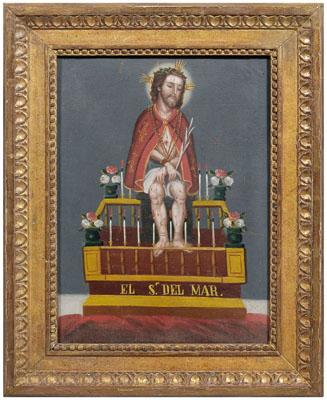 Appraisal: Spanish Colonial School retablo crucified Christ on an altar inscribed