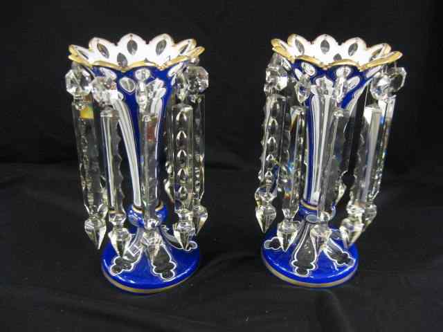 Appraisal: Pair of Bohemian Art Glass Mantle Lustres cobalt white overlay