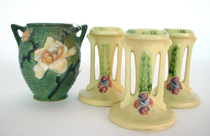 Appraisal: Group of Roseville Pottery including three '' La Rose candlesticks