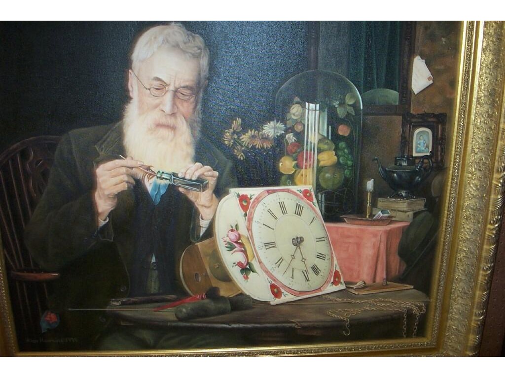 Appraisal: An oil painting on canvas showing an elderly man restoring