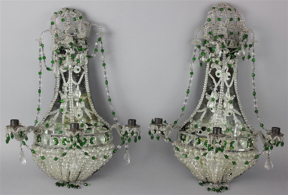 Appraisal: PAIR OF CONTINENTAL BEADED GLASS WALL LIGHTS of lyre form