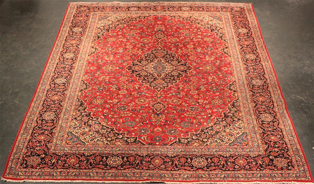 Appraisal: PERSIAN KASHAN WOOL RUG large medallion with pendant medallions quarter