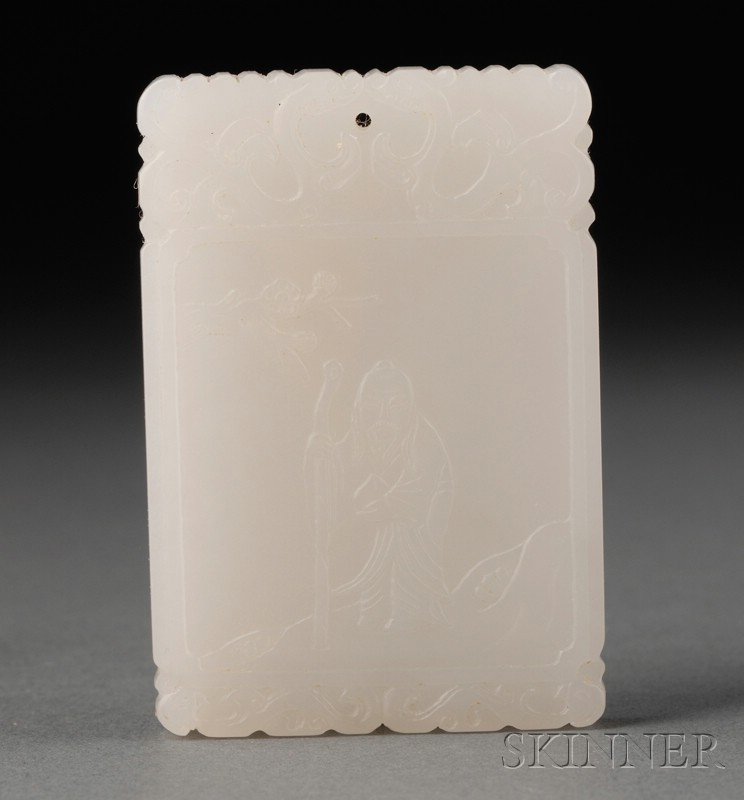 Appraisal: White Jade Pendant th century rectangular surface carved with a