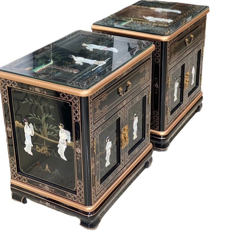 Appraisal: Pair of Asian Lacquered End Tables Pair of Asian Lacquered