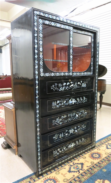 Appraisal: MOTHER-OF-PEARL AND BLACK LACQUER DISPLAY CABINET ON CHEST Korean th