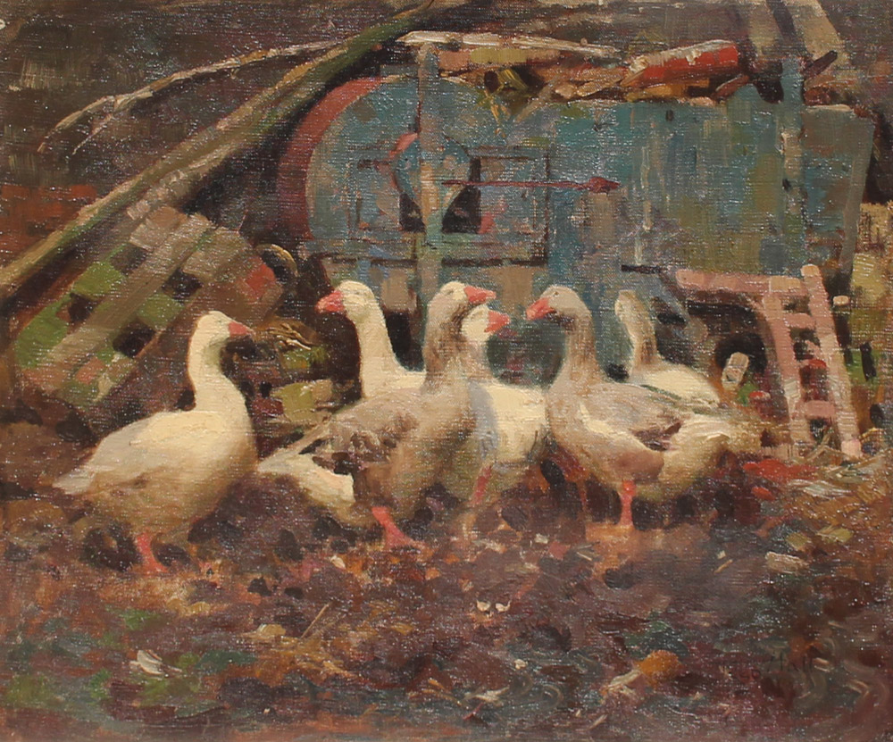 Appraisal: HALL Frederick British - Geese in Barnyard Oil Canvas Board