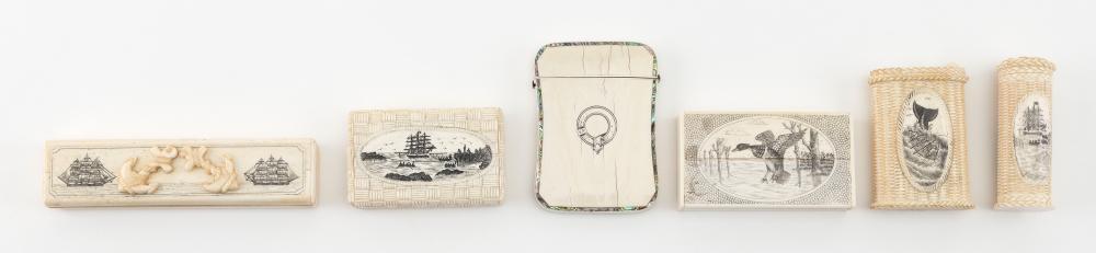 Appraisal: SIX BOXES WITH SCRIMSHAW-STYLE ENGRAVING TH CENTURY LENGTHS FROM TO