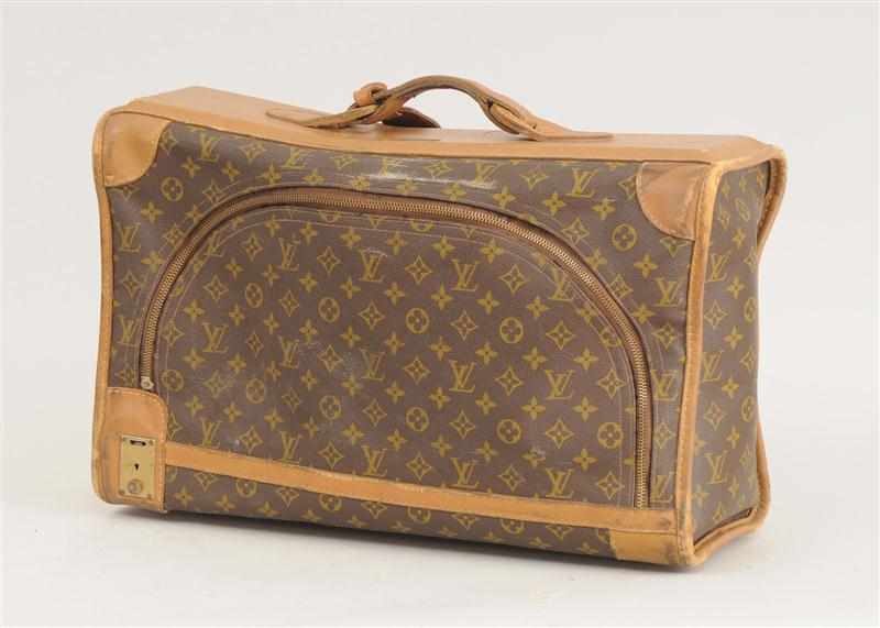 Appraisal: LOUIS VUITTON LEATHER-MOUNTED SOFT-SIDE OVERNIGHT BAG With brass plaque ''Saks