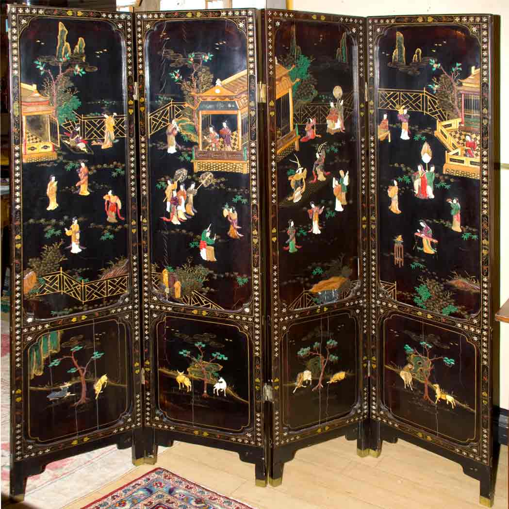 Appraisal: Chinese Inlaid Black Lacquered Four-Panel Screen Height feet width of