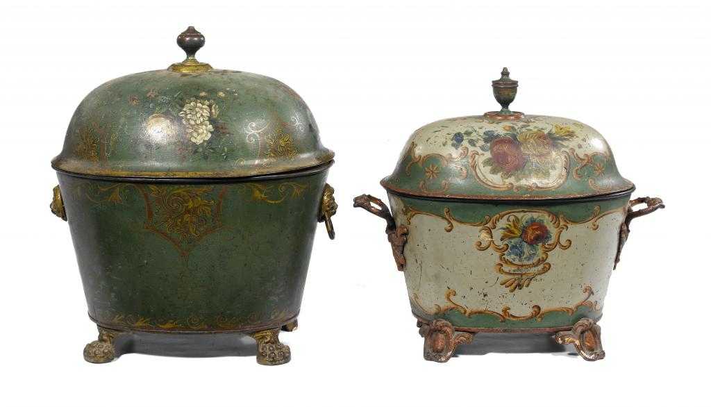 Appraisal: A GREEN AND GILT JAPANNED IRON OVAL COAL BOX AND