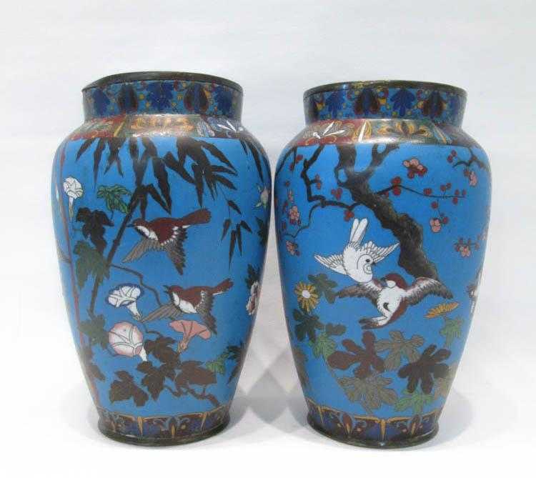 Appraisal: PAIR JAPANESE CLOISONNE VASES late Meji period with birds and