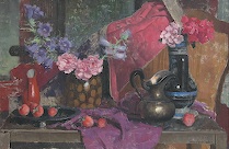 Appraisal: Bela Kontuly Hungarian - Still Life with Flowers Pitchers and