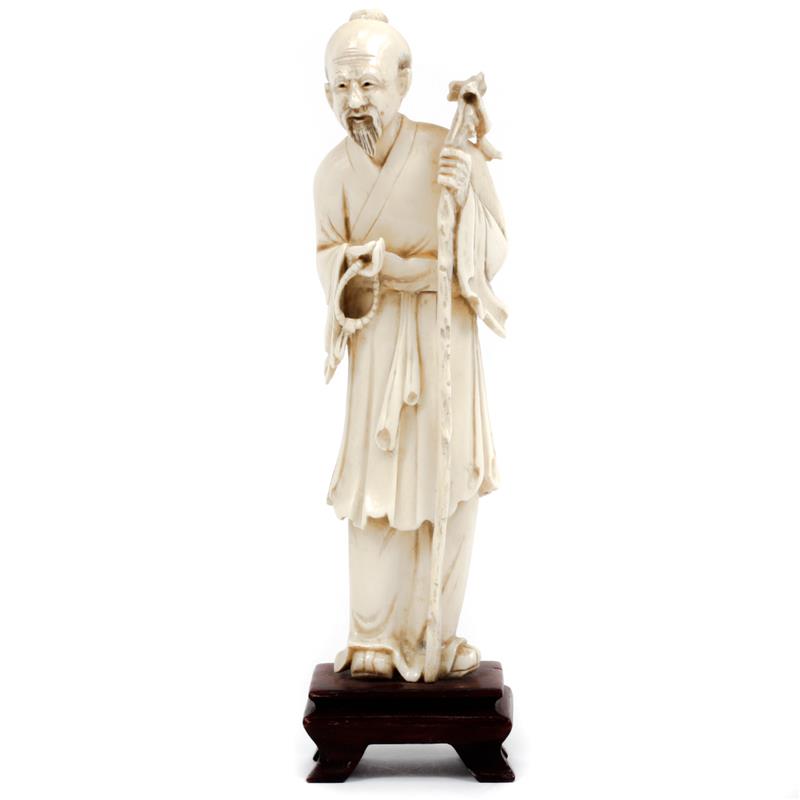 Appraisal: Chinese carved ivory figure of man with beads and staff